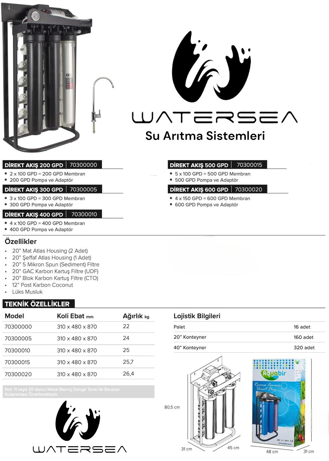 WATERSEA ENDÜSTRİYEL SU ARITMA DİREK AKIŞ MODEL 500 GPD