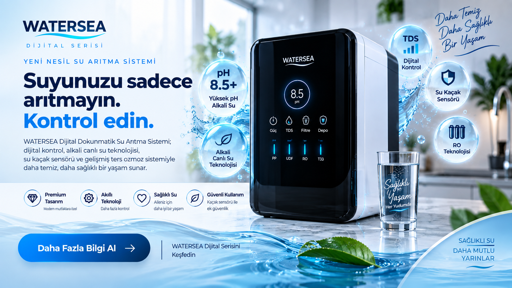 WATERSEA Dijital Su Arıtma Sistemi - Alkali Canlı Su Teknolojisi, Dijital Kontrol ve Kaçak Sensörü